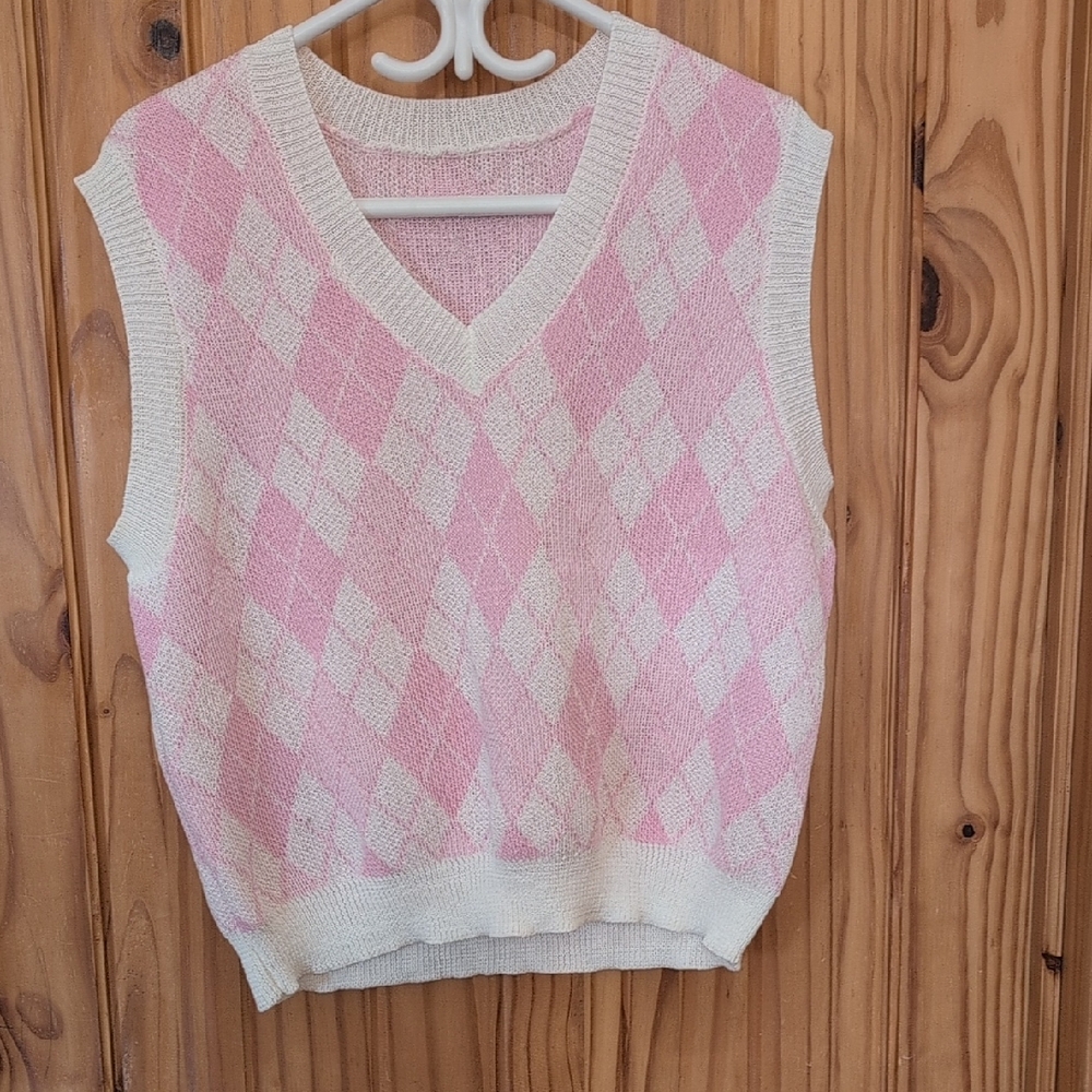 Pink and White Argyle Sweater Vest